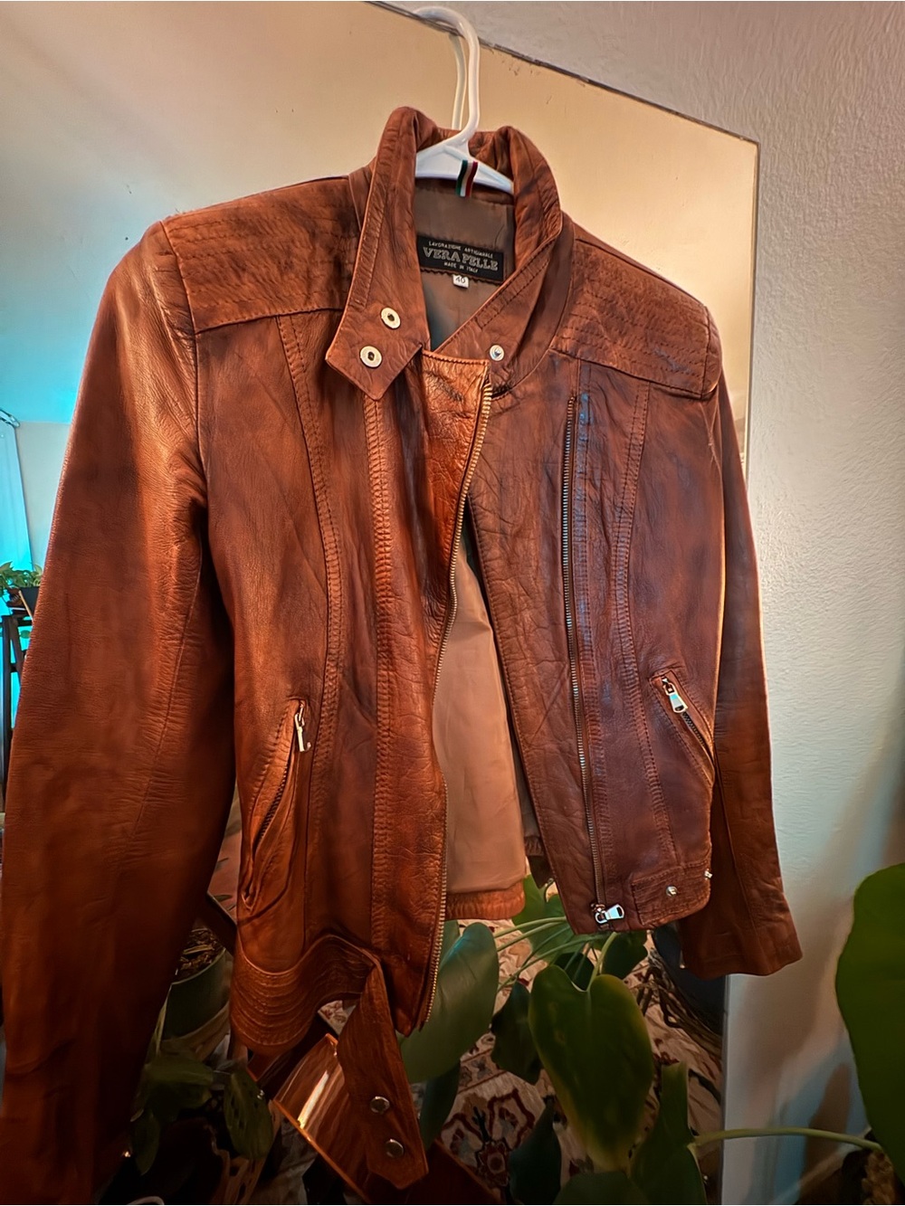 Vera Pelle Cognac Brown Leather Biker Jacket